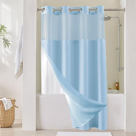 River Dream Cotton Blend Shower Curtain Set with Liner, Sky Blue, 54x80 | Waffle Weave, No Hook Needed, with Snap in Replacement Liner, Top Sheer Window, Hotel Quality Fabric for Bathroom