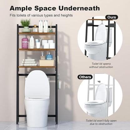 VASMIA Over The Toilet Storage Shelf,3-Tier Bathroom Organizer Over Toilet Storage Cabinet,Freestanding Space Saver with 3 Hooks Black and Rustic Brown