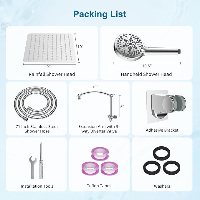 Hibbent All Metal 10" High Pressure Rain Shower Head Combo, Chrome | cUPC Certified Rainfall Shower Head with handheld 10 Sprays, 16'' Adjustable Extension Arm, 71'' Hose, Showerhead Holder