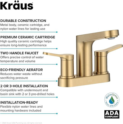 KRAUS Indy Centerset Bathroom Faucet in Spot-Free Brushed Brass with 2 Handles, Pop Up Drain and Supply Lines, FUS-14102SFBB