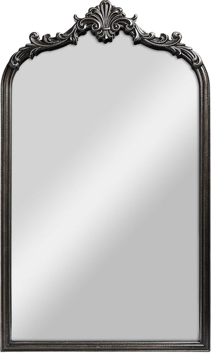 English Estate Carved Arch Wood Wall Mirror, Mirror for Entryway, Living Room, Bathroom, Distressed Black, 20.4x33
