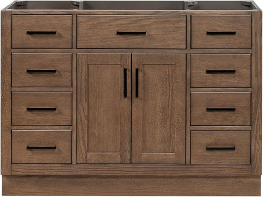 ARIEL Hepburn 48-inch Bathroom Vanity Base Cabinet,Solid Wood, 2 Soft Closing Doors, 9 Dovetail Drawers, Brown Oak