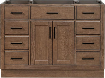 ARIEL Hepburn 48-inch Bathroom Vanity Base Cabinet,Solid Wood, 2 Soft Closing Doors, 9 Dovetail Drawers, Brown Oak