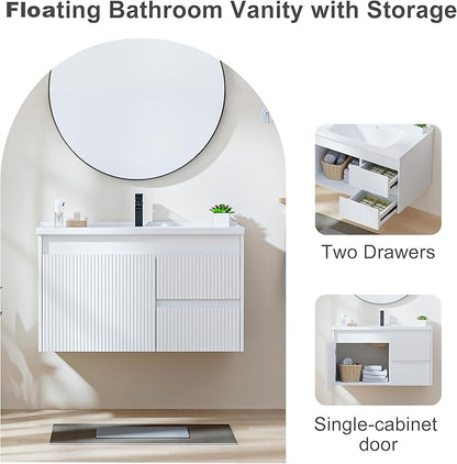Floating Bathroom Vanity with Sink, 32 Inch Wall Mounted Bathroom Vanity with 2 Drawers and Wave-Carved Design Door, Modern Wooden Cabinet with Ceramic Sink and Storage, White