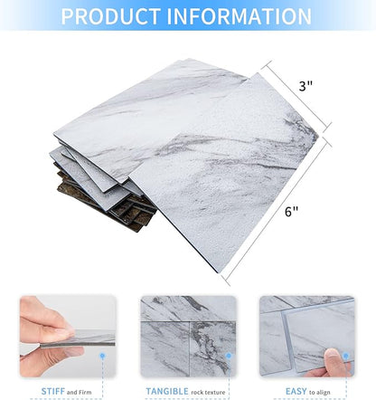 Art3d 102-Pack Peel and Stick Backsplash on Subway Tile, White Granite | 3 x 6 in, PVC, Self Adhesive, Waterproof, Traceless Peel, Modular Splicing, Ideal for Vanities, Bathrooms