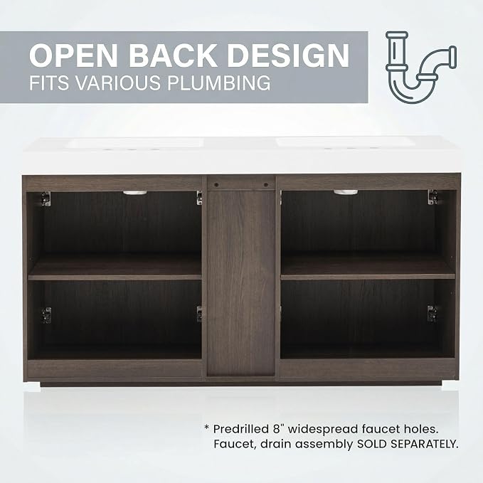 60" Double Bathroom Vanity with Sink (8" Widespread Faucet Holes Predrilled), Mid Century Modern Bathroom Cabinet with 4 Doors & Shelves, White Integrated Sink with Overflow, Dark Oak