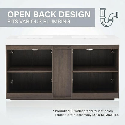 60" Double Bathroom Vanity with Sink (8" Widespread Faucet Holes Predrilled), Mid Century Modern Bathroom Cabinet with 4 Doors & Shelves, White Integrated Sink with Overflow, Dark Oak