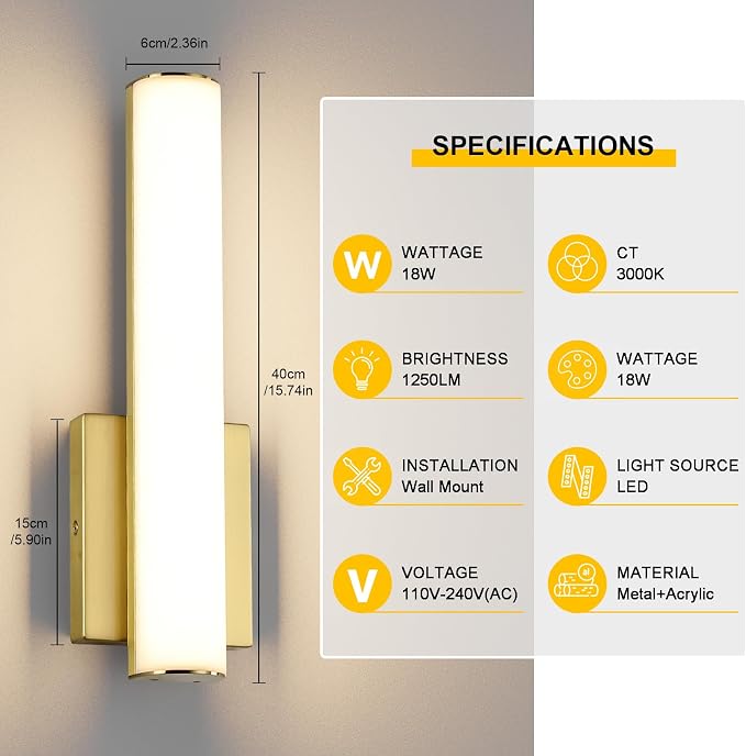 15.7 Inches Modern Bathroom Led Wall Sconces,18W 3000K Hardwired Wall Light with White Acrylic Lampshade,Indoor Bathroom Vanity Light for Mirror Bedroom Living Room Hallway(Gold,2Pack)