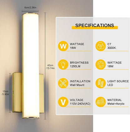 15.7 Inches Modern Bathroom Led Wall Sconces,18W 3000K Hardwired Wall Light with White Acrylic Lampshade,Indoor Bathroom Vanity Light for Mirror Bedroom Living Room Hallway(Gold,2Pack)