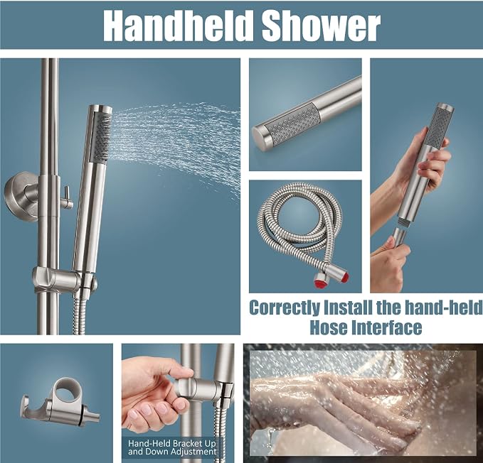 Aolemi Outdoor Shower SUS304 Outside Kit Handheld Tub Spout Brushed Nickel | 8 Inch Head, Handheld Spray, Swivel Tub Faucet, Adjustable Height,Outside Exposed Shower Fixture,Single Handle,Wall Mount