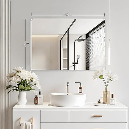 Fabuday Bathroom Mirror 40x30 Inch, White Wall Mirror for Over Sink with Brushed Metal Frame, Rectangular White Vanity Mirror for Decor, Horizontal or Vertical Hanging, Heavy-Duty Hooks
