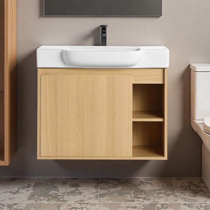 28" Bathroom Vanity with Ceramic Sink, Farmhouse Cabinet, Light Oak | Ceramic Sink, Soft-Close Door, Interior Compartment and 2-Tier Open Side Shelves, 45° Inclined Edge Handle