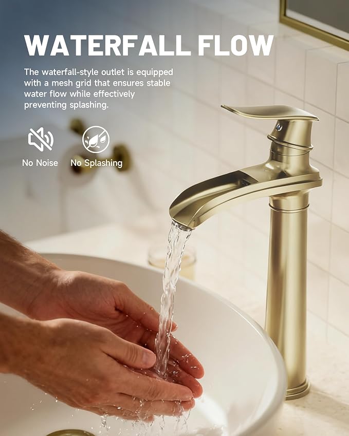 Brushed Gold Vessel Sink Faucet Brass Waterfall Bathroom Faucet Single Hole | with Pop Up Drain Assembly and Supply Hoses, Single Handle Tall Bathroom Faucets Lavatory Vanity Mixer Tap by BATHLAVISH
