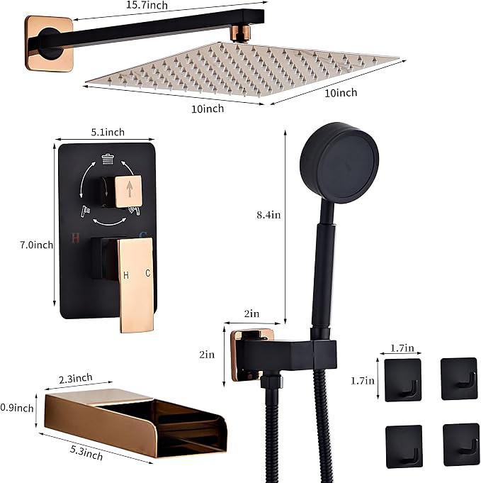 Black Gold Shower Tub Faucet Set, Wall Mounted 8 Inch Shower Heads | with Handheld Spray Combo and Tub Shower Faucet, Luxury Bathroom Square Rain Shower System - 4 Hooks