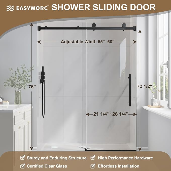 55-60" W x 76" H Frameless Sliding Shower Doors Matte Black | 1/4''(6mm) Tempered Glass,Explosion Proof Film,Nano Coating,Stainless Steel Hardware,Easy to Clean,Customizable Width