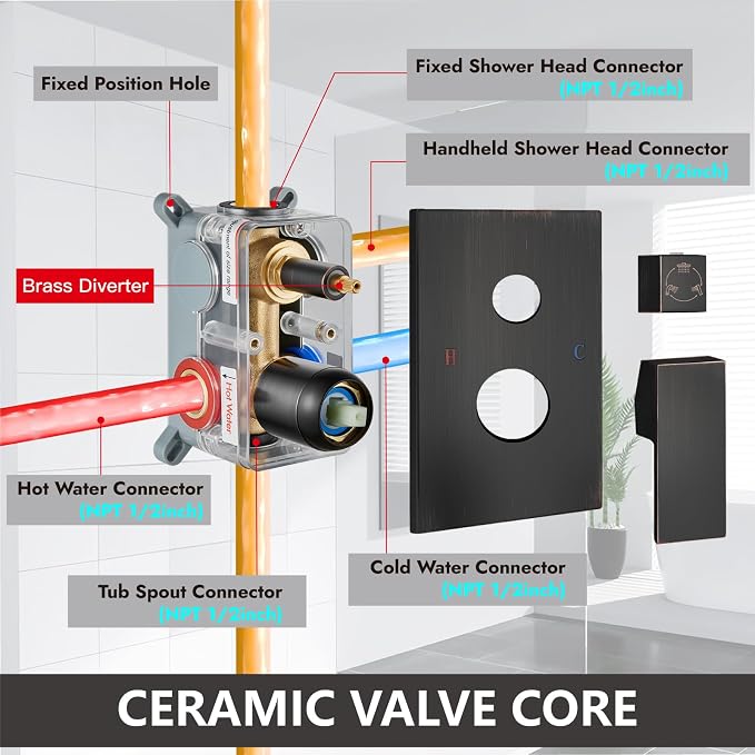 Midanya Shower System with Tub Spout,10 Inch Shower Head,Oil Rubbed Bronze | with Valve & Trim Kit,Square Rain Head,Handheld Sprayer,Waterfall Spout,All Metal Wall Mount Bathroom Shower Tub Faucet Set