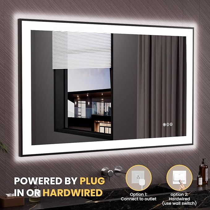 LOAAO 48"X30" LED Bathroom Mirror Black Framed | Anti-Fog, Dimmable, Memory Function, Tempered Glass, Lighted Vanity Mirror for Wall