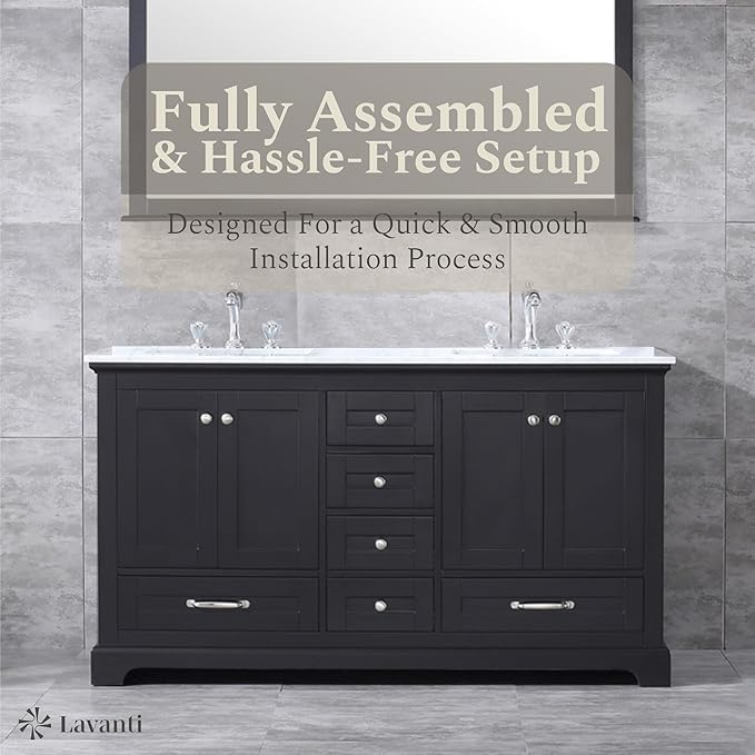 Lavanti Dumiat 60 Inch Bathroom Vanity with Sink – Stylish Espresso Vanity Bathroom with Storage Cabinet – Modern Bathroom Vanities with Double Vanity Sink & Carrara Marble Countertop