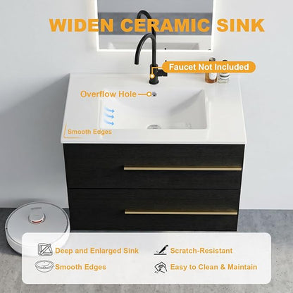 72 Inch Floating Double Sink Bathroom Vanity, Modern Bathroom Vanity with Sink & Large Storage Drawers, Wall Mounted Bathroom Sink Cabinet, Black&White