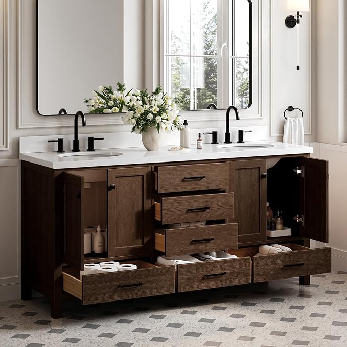 ARIEL Cambridge 72-inch Bathroom Vanity with Sink,Solid Wood, 1.5-inch Pure White Quartz Countertop & Backsplash, Double Oval Porcelain Sink, 4 Soft Closing Doors, 6 Dovetail Drawers, Brown Oak