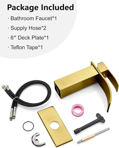 Midanya Waterfall Spout Bathroom Faucet Single Handle 1 Hole Bathroom Sink Faucet,Modern RV Lavatory Vanity Basin Tap with Water Hose,No Drain,Short Body,Brushed Gold