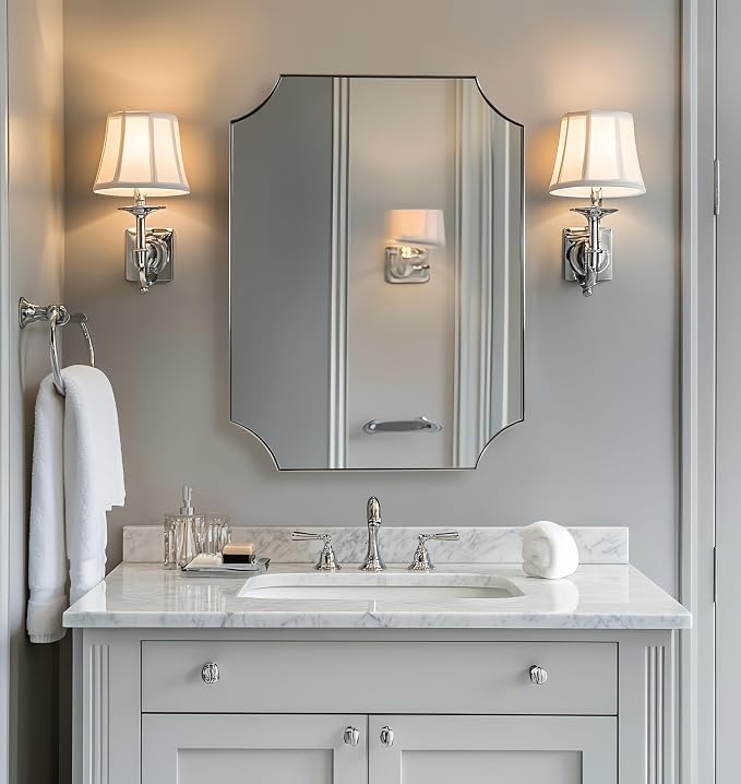 22"x30" Chrome Mirror, Scalloped Bathroom Mirror | Polished Chrome Finish, Anti-Rust Stainless Steel Thin Frame Deep 1'', Unique Scalloped Edge Design, Ideal for Bath Remodel
