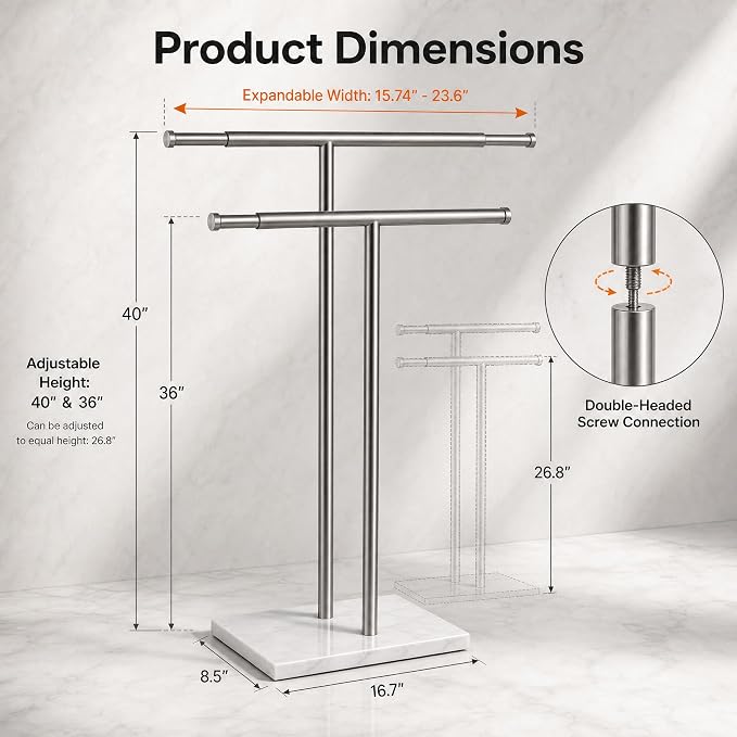 Double T Free Standing Towel Rack, Telescoping Marble Towel Stand | Expandable dual T-bar towel holder for bathroom with heavy marble base, adjustable height rustproof floor stand for pool
