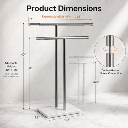 Double T Free Standing Towel Rack, Telescoping Marble Towel Stand | Expandable dual T-bar towel holder for bathroom with heavy marble base, adjustable height rustproof floor stand for pool