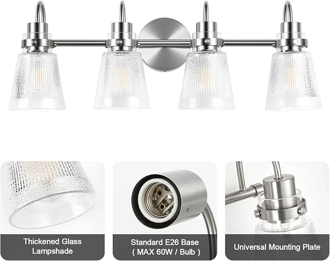 4-Light Bathroom Light Fixtures 25.7 Inch Brushed Nickel Vanity Lights for Bathroom Lighting Fixtures Over Mirror with Clear Striped Glass Shade for Mirror Bedroom Hallway
