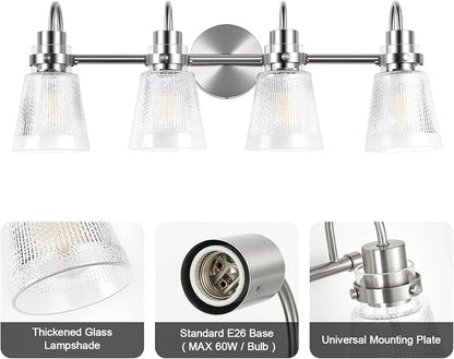 4-Light Bathroom Light Fixtures 25.7 Inch Brushed Nickel Vanity Lights for Bathroom Lighting Fixtures Over Mirror with Clear Striped Glass Shade for Mirror Bedroom Hallway