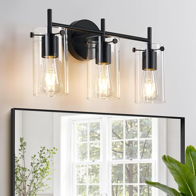 Indoi Bathroom Light Fixtures, 3-Light Matte Black Vanity Light, Black Bathroom Lights Over Mirror with Clear Glass Shade, Wall Sconces for Mirror Bedroom Living Room Hallway