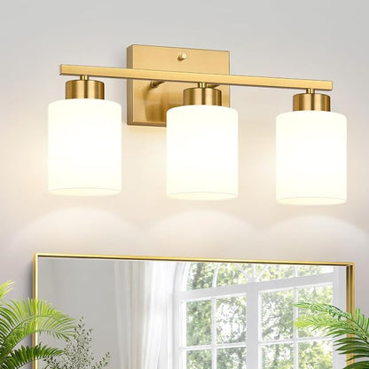 3-Light Bathroom Light Fixtures, Brushed Gold Vanity Light, Bathroom Vanity Light with Milky White Frosted Glass Shades, Bathroom Light for Mirror, Bedroom, Hallway, or Living Room
