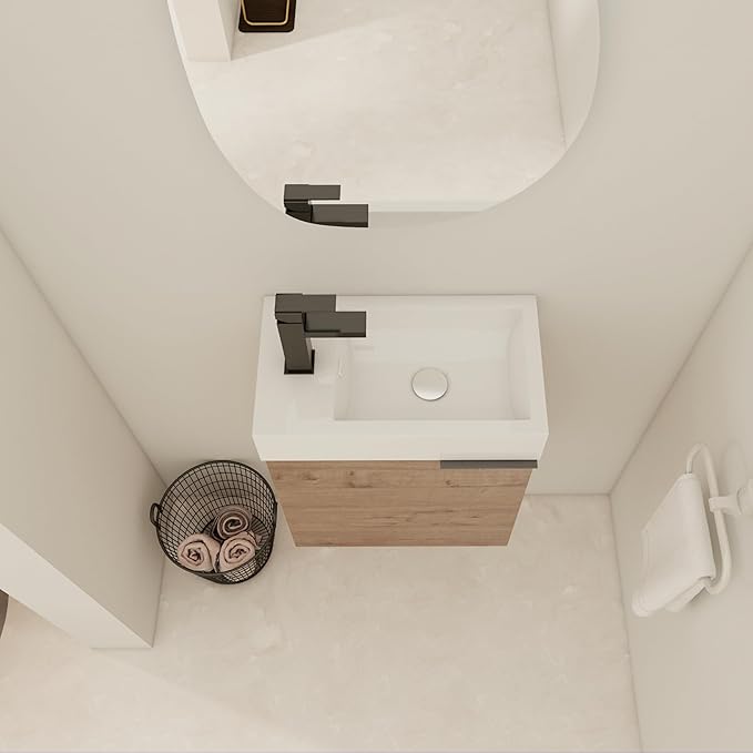 18" Small Floating Bathroom Vanity with Sink and Storage - Narrow Brown Vanity for Home
