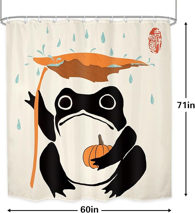 LGhtyro Funny Frog Shower Curtain Bathroom Set 60Wx71H Inches Pumpkin Asian Traditional Art Japanese Cute Animal Taking Maple Leaves Rain Bath Accessories Lovely Art Home Decor Fabric 12 Pack Hooks