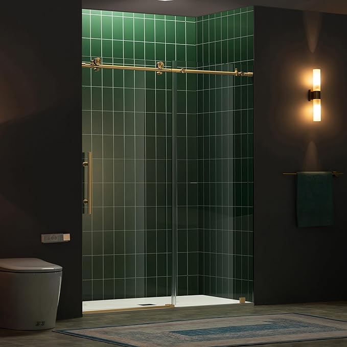 Woodbridge 57.5-60" W x 80" H Frameless Single Sliding Soft-Close Shower Door with Tempered Glass & Explosion Proof Film in Brushed Gold Finish