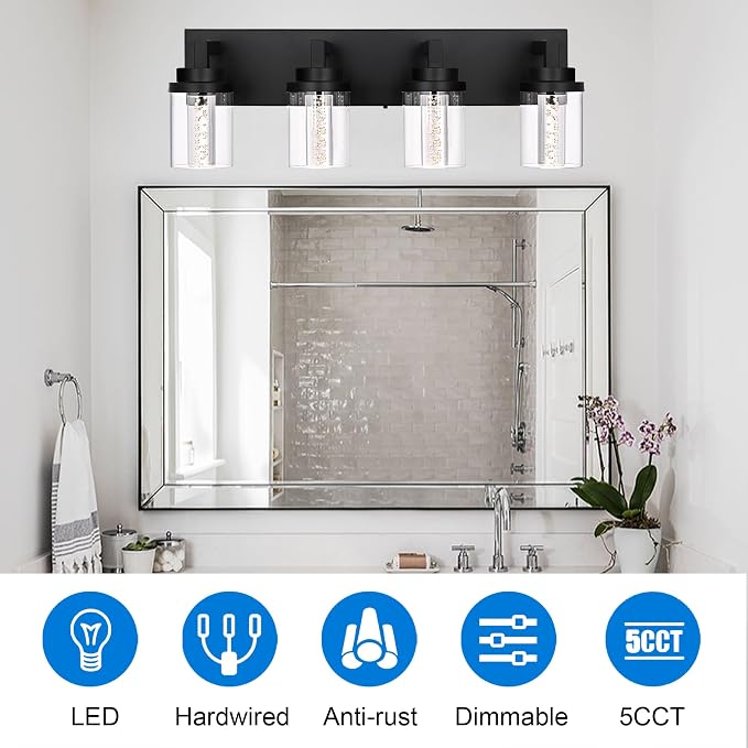 MELUCEE 4-Light Dimmable Black Vanity Lights for Bathroom 3000K-6000K | 5 Color Temperature Bubble Crystal LED Bathroom Lighting Fixtures Over Mirror,LED Wall Sconce with Clear Glass Shade