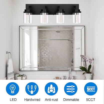 MELUCEE 4-Light Dimmable Black Vanity Lights for Bathroom 3000K-6000K | 5 Color Temperature Bubble Crystal LED Bathroom Lighting Fixtures Over Mirror,LED Wall Sconce with Clear Glass Shade