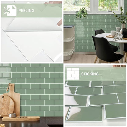10-Sheet Thick Peel and Stick Kitchen Backsplash Tiles(Green,12"×12") | 3D Subway Waterproof Self-Adhesive Wall Tile Stick on Backsplash for Kitchen and Bathroom