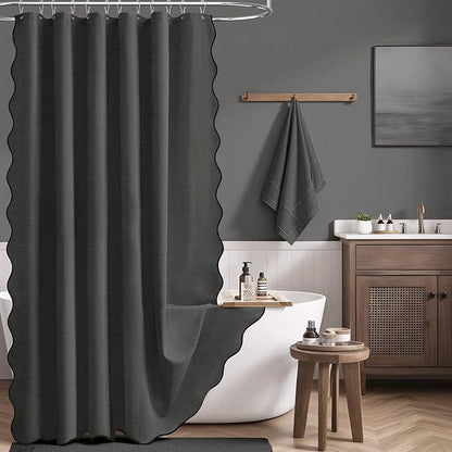 BTTN Extra Long Shower Curtain, 96 Inch Scalloped Linen Textured Thick Fabric Shower Curtain Set with 12 Hooks, Tall Modern Vintage Waterproof Cloth Shower Curtain for Bathroom, 72x96, Charcoal Grey