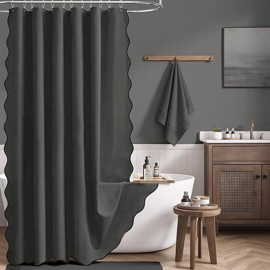 BTTN Extra Long Shower Curtain, 96 Inch Scalloped Linen Textured Thick Fabric Shower Curtain Set with 12 Hooks, Tall Modern Vintage Waterproof Cloth Shower Curtain for Bathroom, 72x96, Charcoal Grey