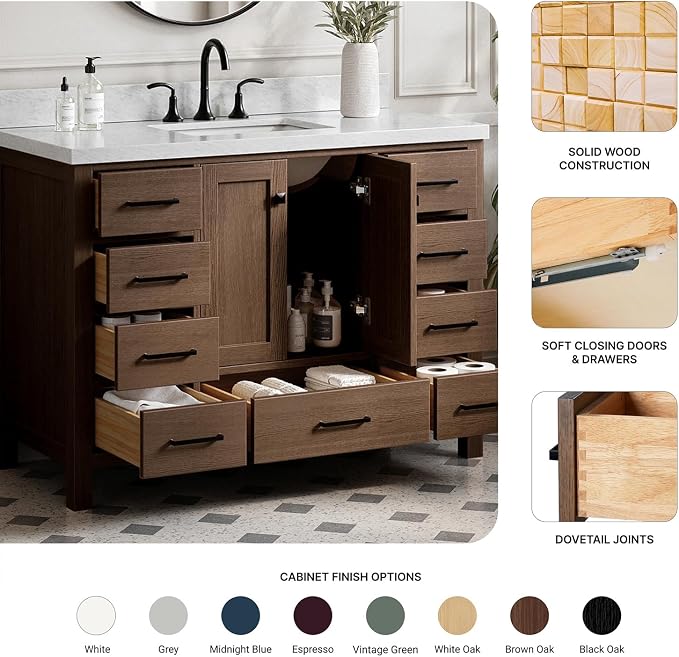 ARIEL Cambridge 48-inch Bathroom Vanity Base Cabinet,Solid Wood, 2 Soft Closing Doors, 9 Dovetail Drawers, Brown Oak