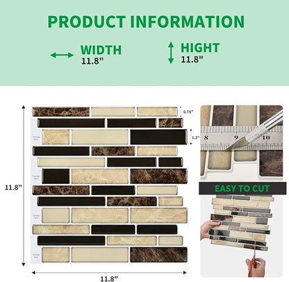 LONGKING 10-Sheet Brown Peel and Stick Backsplash Tile for Kitchen, Vinyl 3D Self-Adhesive Tile Stickers for Kitchen, Bathroom, Counter Top | Peel and stick backsplash, vinyl PVC, Brown, waterproof, kitchen bathroom wall, 10-sheet, set A