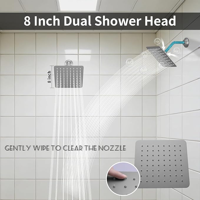 Brushed Nickel Shower System with 3 Rain Shower Head(12+8+8 inch), Handheld Spray, 4 Way Smart Temperature Display Shower Faucet set