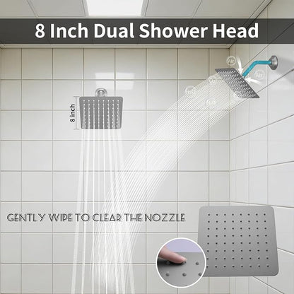 Brushed Nickel Shower System with 3 Rain Shower Head(12+8+8 inch), Handheld Spray, 4 Way Smart Temperature Display Shower Faucet set
