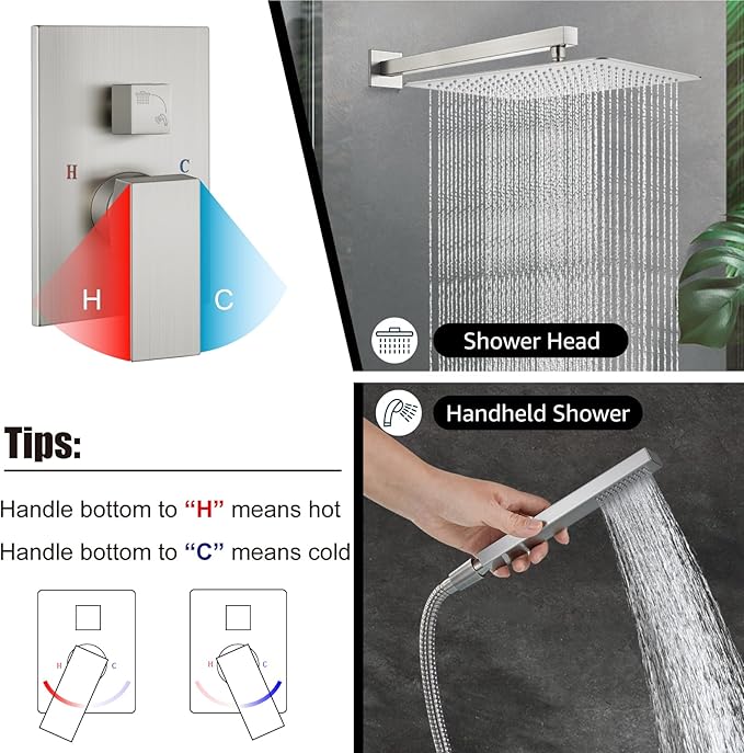 Midanya Shower Faucet Set,Wall Mount Shower System with Square Rain Shower Head and Hand Sprayer, Rough-in Valve Body and Trim Kit Included,16 Inch,Brushed Nichel