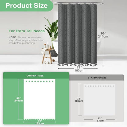 Extra Long Boho Shower Curtain Geometric 72"x96" Charcoal Grey | 96 Inch Tall, Elegant Tassel, Lightweight Textured Fabric, Water Repellent, Washable, Hotel Spa, for Bathroom/Dorm 12 Hooks