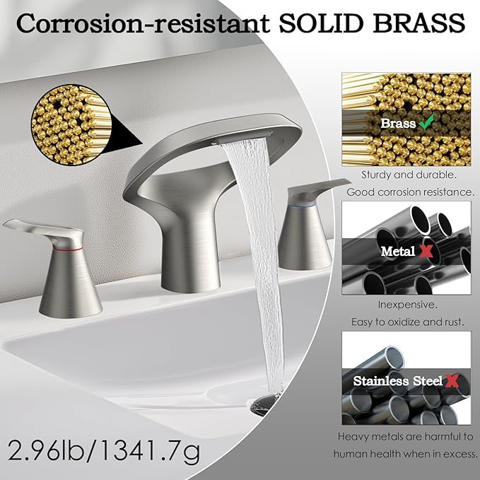 Bathroom Faucets for Sink 3 Hole, Bezeit 8 Inch Brushed Nickel Bathroom Faucet, Solid Brass Widespread Bathroom Faucet with Adjustable Waterfall Spout 2 Handles and 2 Supply Hoses