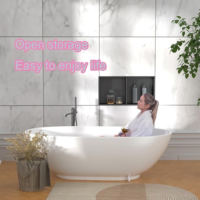 24 x 12 in Recessed Shower Niche with Double Shelves, Matte Black Stainless Steel Wall Insert, No Tile Needed, Leakproof Built-in Storage for Bathroom, Kitchen