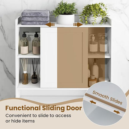Giantex Over The Toilet Storage Cabinet, 32.5"W Freestanding Space Saver with Sliding Door, Toilet Paper Holder & Adjustable Shelves, Over Toilet Bathroom Organizer for Restroom & Laundry Room, White