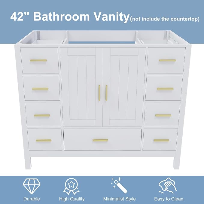 42'' Bathroom Vanity Without Sink,Multi-Functional Bathroom Cabinet with 2 Doors and 9 Drawers, Solid Frame,White(No Sink)